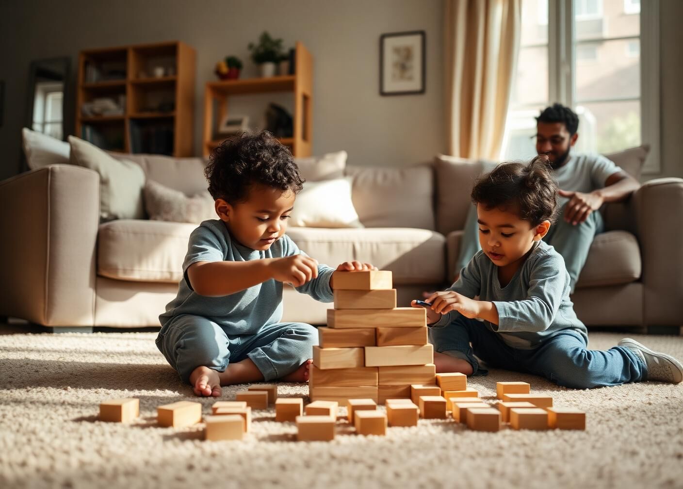 Two siblings building with wooden blocks while a parent watches from the sofa