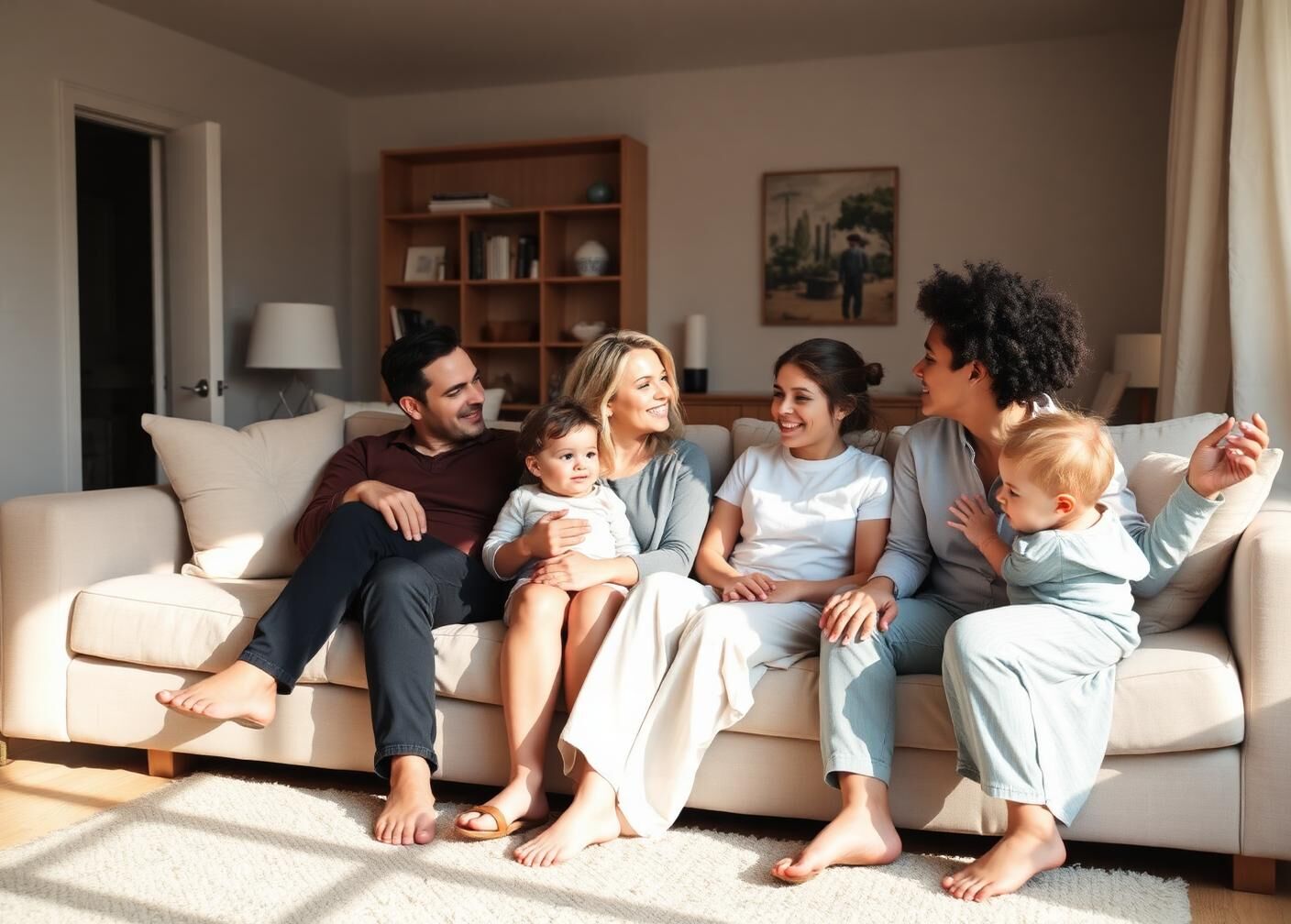 A family talking with a Village coordinator in their living room while a toddler plays nearby