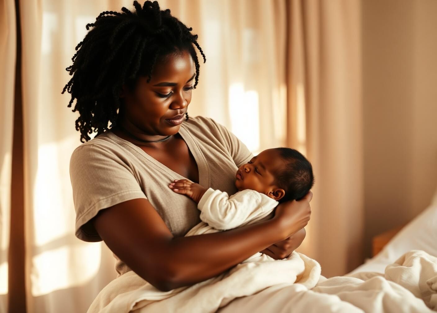 A mother cradling her sleeping newborn in a softly lit bedroom