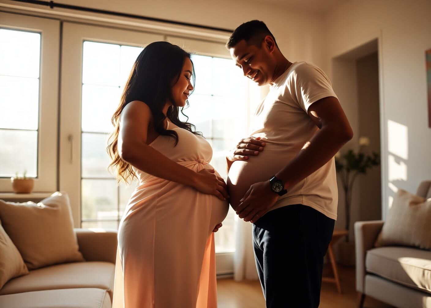 An expectant parent in her third trimester at home with her partner's hand on her belly